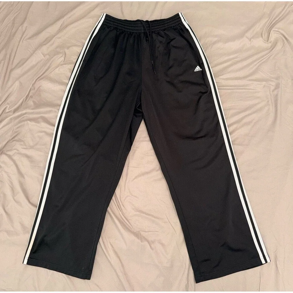 Adidas Mens Black/White XL Track Pants Drawstring Elastic Waist 3-Stripe Pockets
